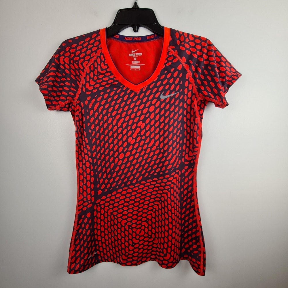 Nike Pro Dri-FIT‎ Womens Red Purple Geometric Dot V-Neck Fitted Workout Shirt M